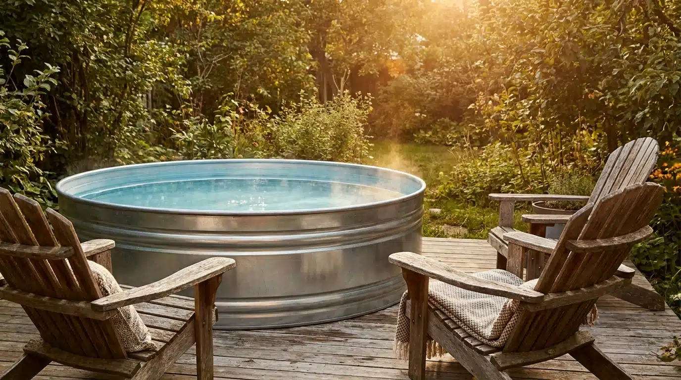 Bassin en acier galvanisé rempli d'eau sur terrasse en bois