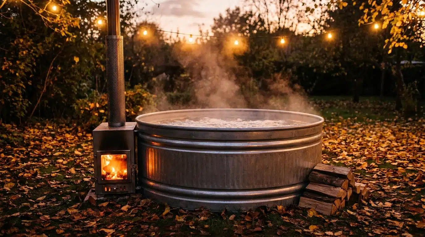 Stock tank chauffé au bois fumant dans un jardin automnal