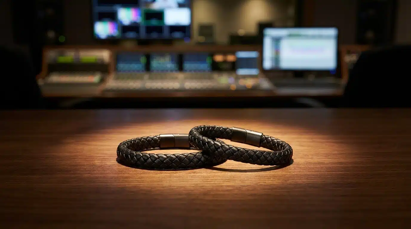 Deux bracelets noirs identiques posés sur un bureau de studio de télévision