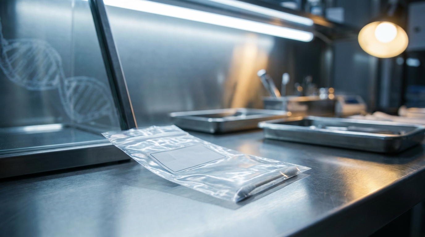 Sachet de scellés judiciaire dans un laboratoire d'analyse ADN