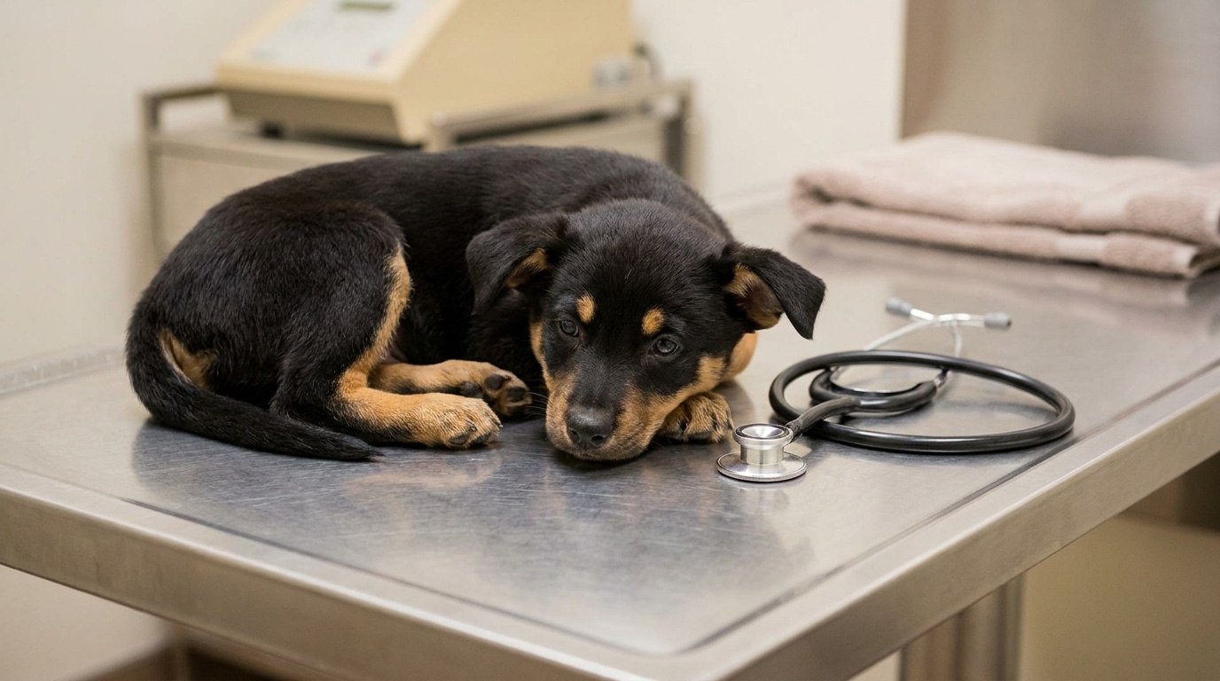 Chiot kelpie australien couché sur une table vétérinaire