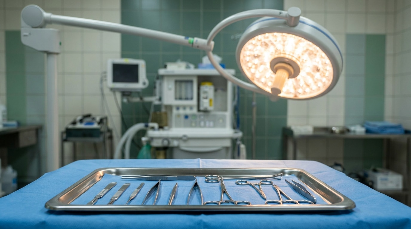 Instruments chirurgicaux stériles sur un drap bleu opératoire