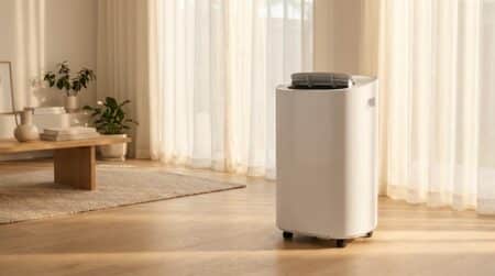 Climatiseur portable blanc sur roulettes dans un salon lumineux