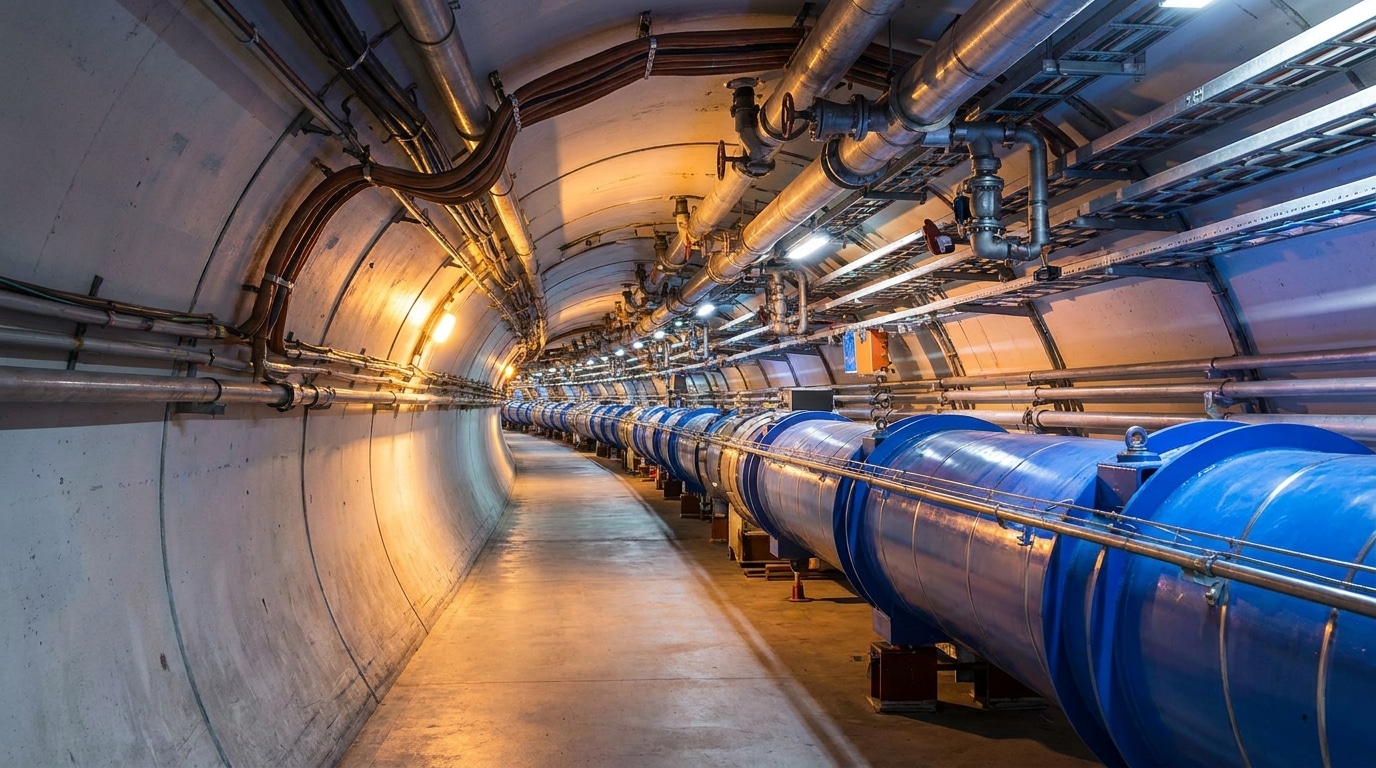 Tunnel circulaire d'un accélérateur de particules avec aimants supraconducteurs bleutés