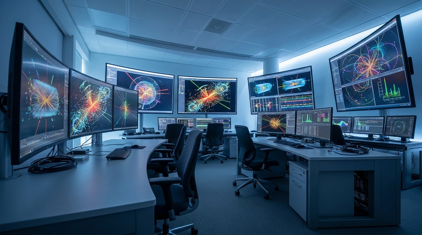 Salle de contrôle vide avec écrans affichant des données de collisions de particules