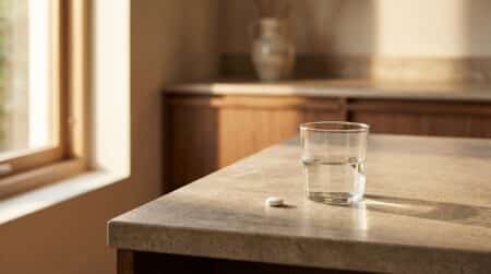 Comprimé blanc posé sur un comptoir de cuisine au soleil