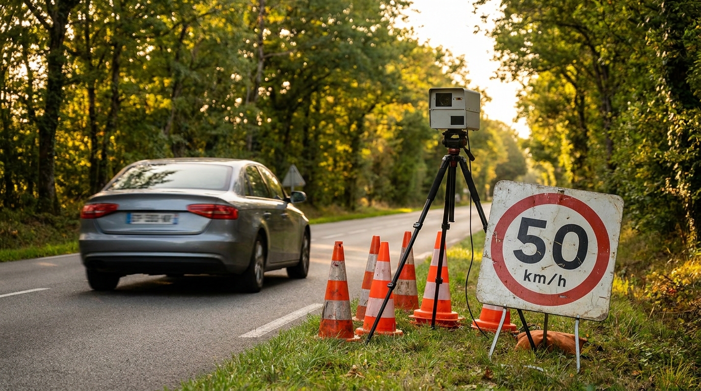 Radar de chantier et panneau 50 km/h sur route en travaux