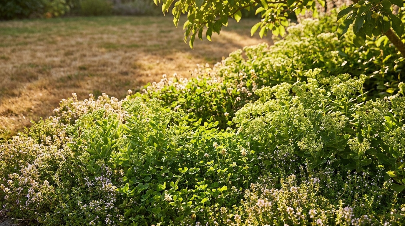 Tapis de couvre-sol vert contrastant avec une pelouse jaunie