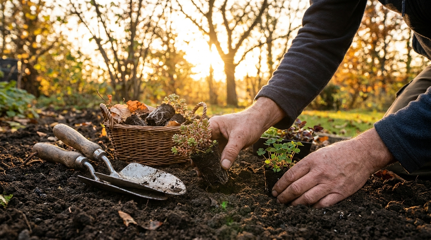 Plantation de sedums et micro-trèfle dans un jardin automnal