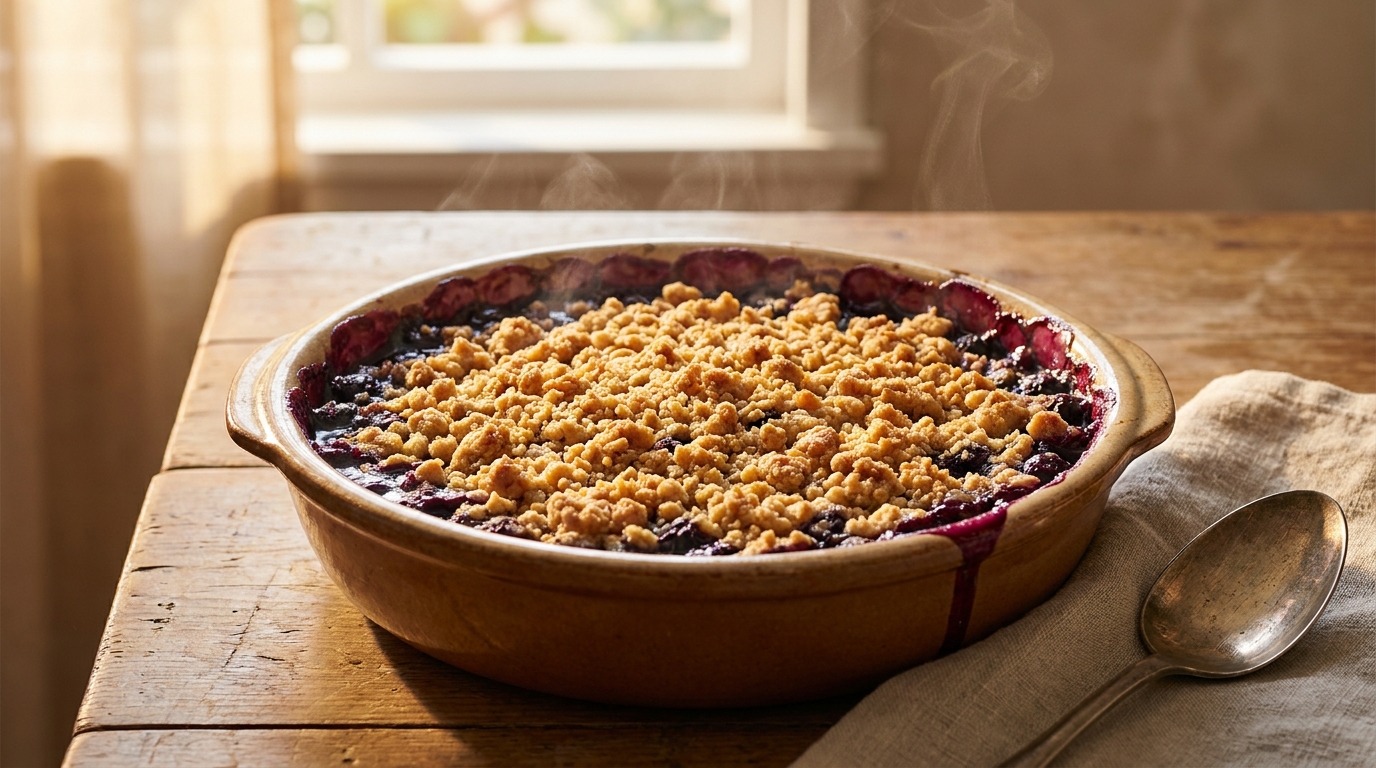 Crumble aux myrtilles doré dans un plat en céramique