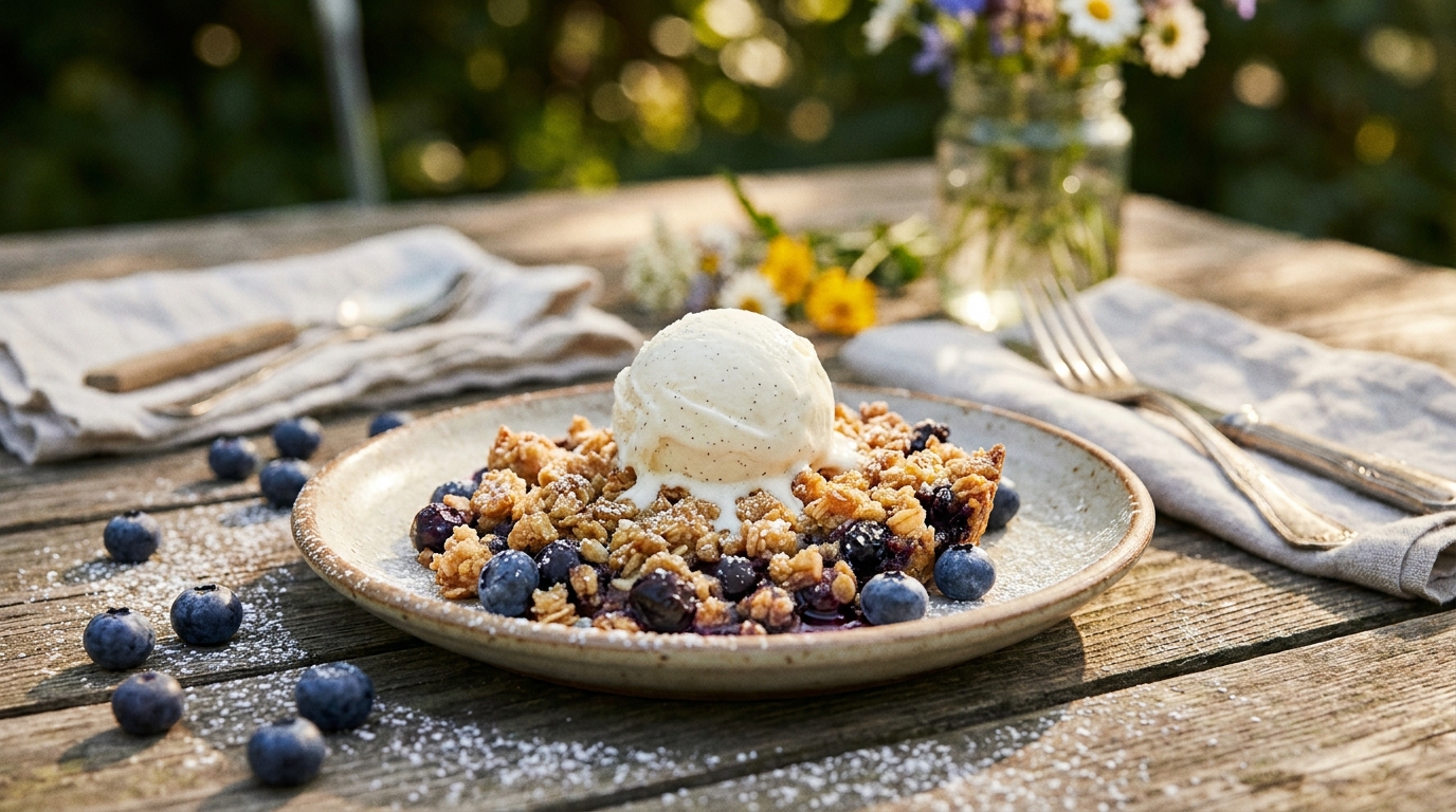 Part de crumble aux myrtilles avec glace vanille fondante