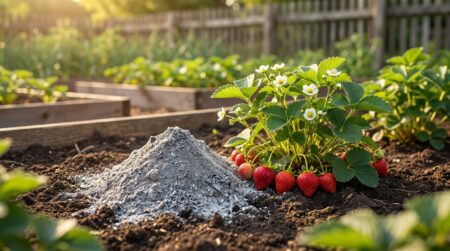 Cendre de bois fine posée près d'un fraisier en fleurs