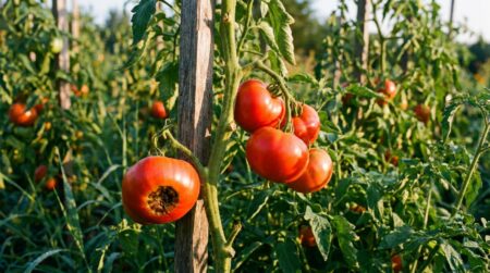 Tomates rouges sur pied avec tache noire à la base