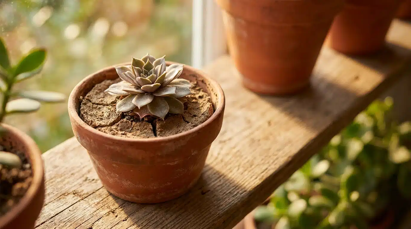 Succulente en pot avec terreau sec et craquelé
