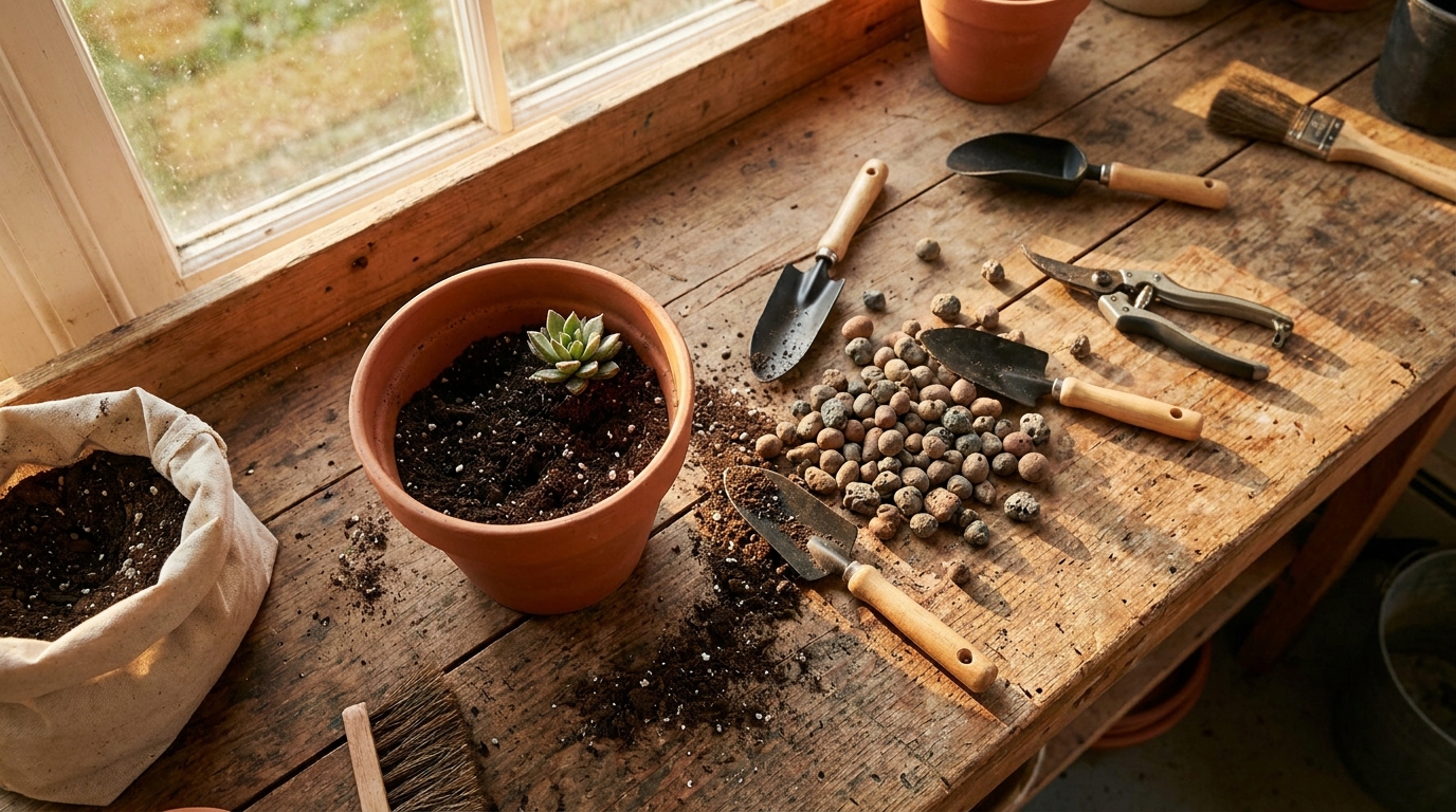 Matériel de rempotage et substrat neuf sur table en bois