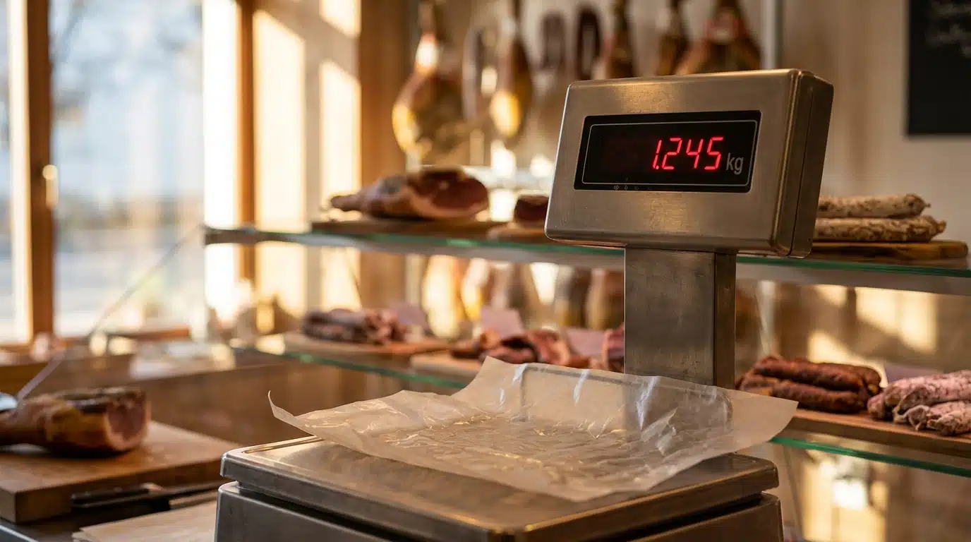 Balance numérique de boucherie avec papier sur le plateau