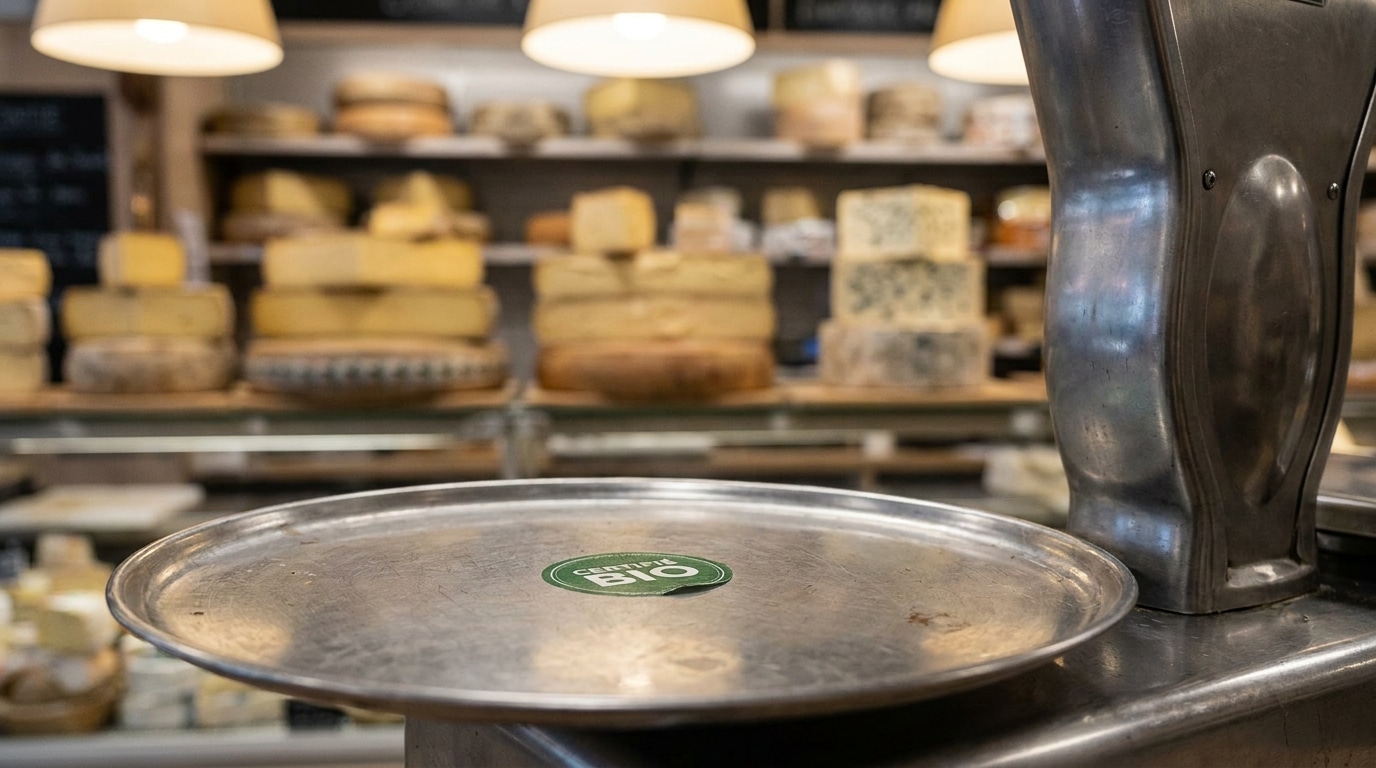 Vignette verte de métrologie sur une balance de fromagerie