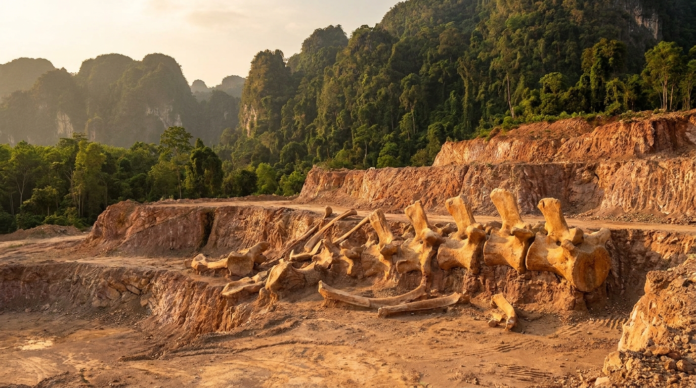 Site de fouilles paléontologiques en Thaïlande avec ossements fossiles