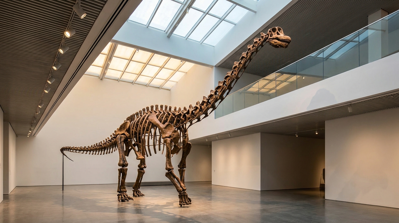 Reconstitution squelettique géante de sauropode dans un musée moderne