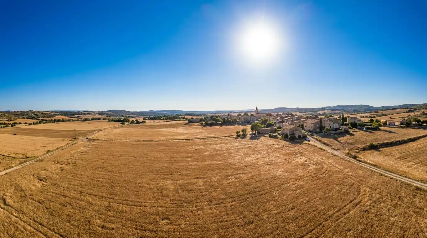 Campagne française desséchée sous un ciel bleu intense