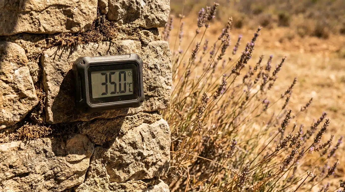 Thermomètre extérieur affichant 35 degrés au soleil