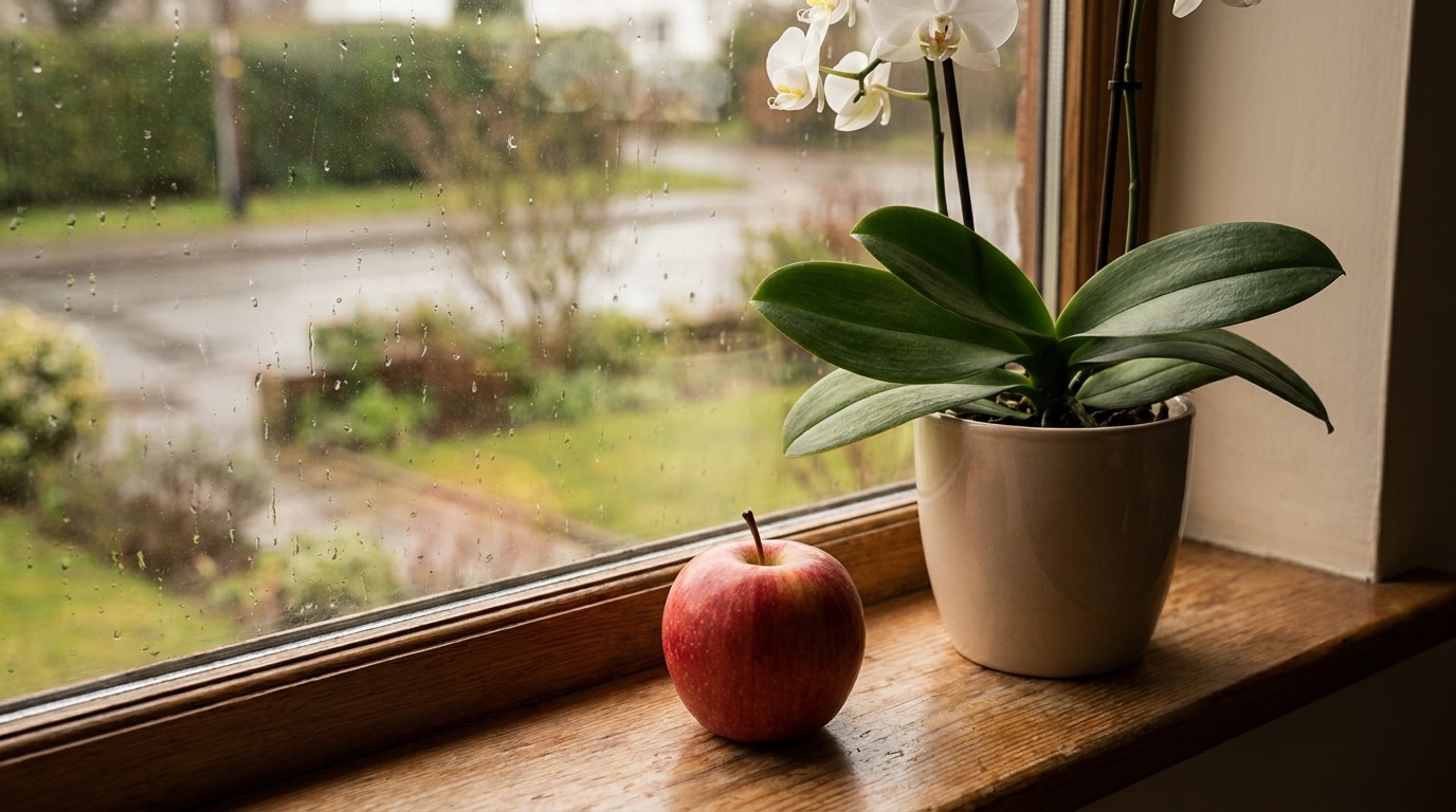 Pomme mûre posée près d'une orchidée sur un rebord de fenêtre
