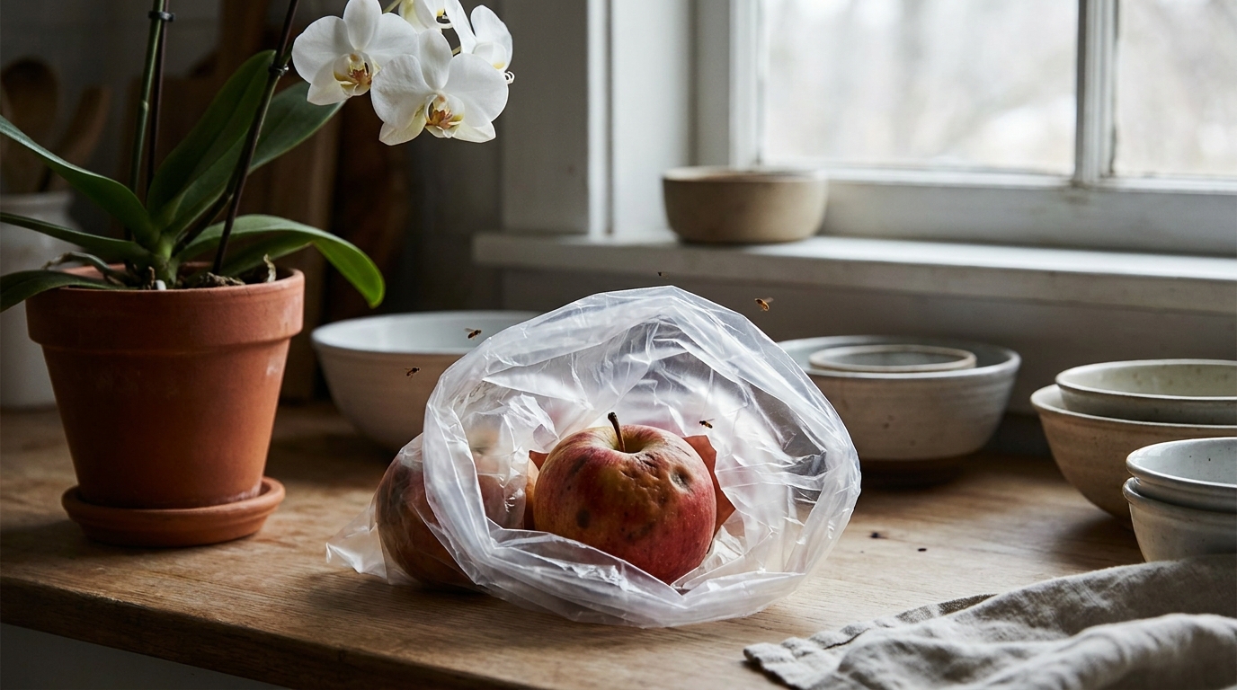 Pomme abîmée dans un sac plastique attirant des moucherons