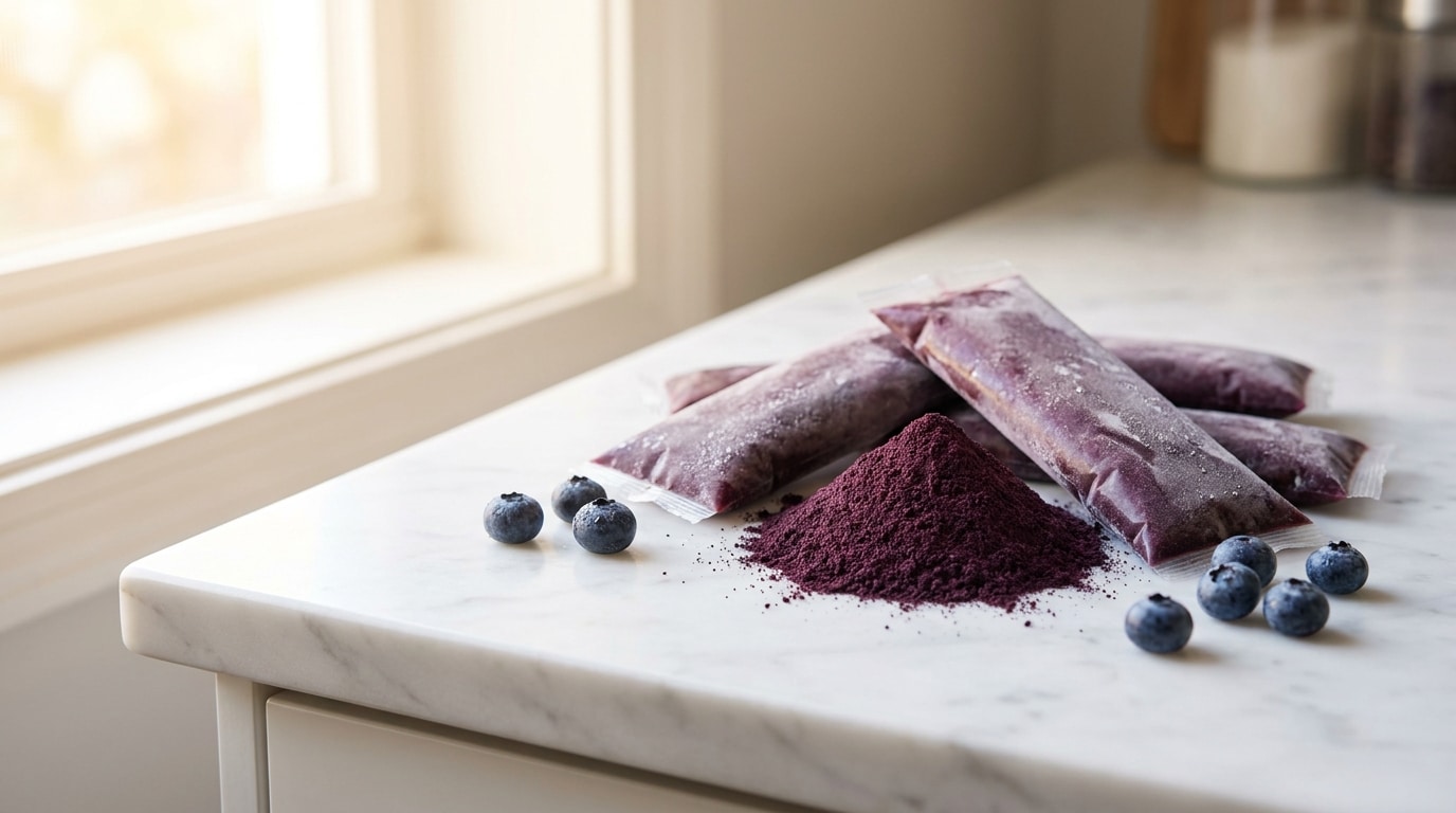 Sachets de purée d'açaï surgelée et poudre violette sur plan de travail