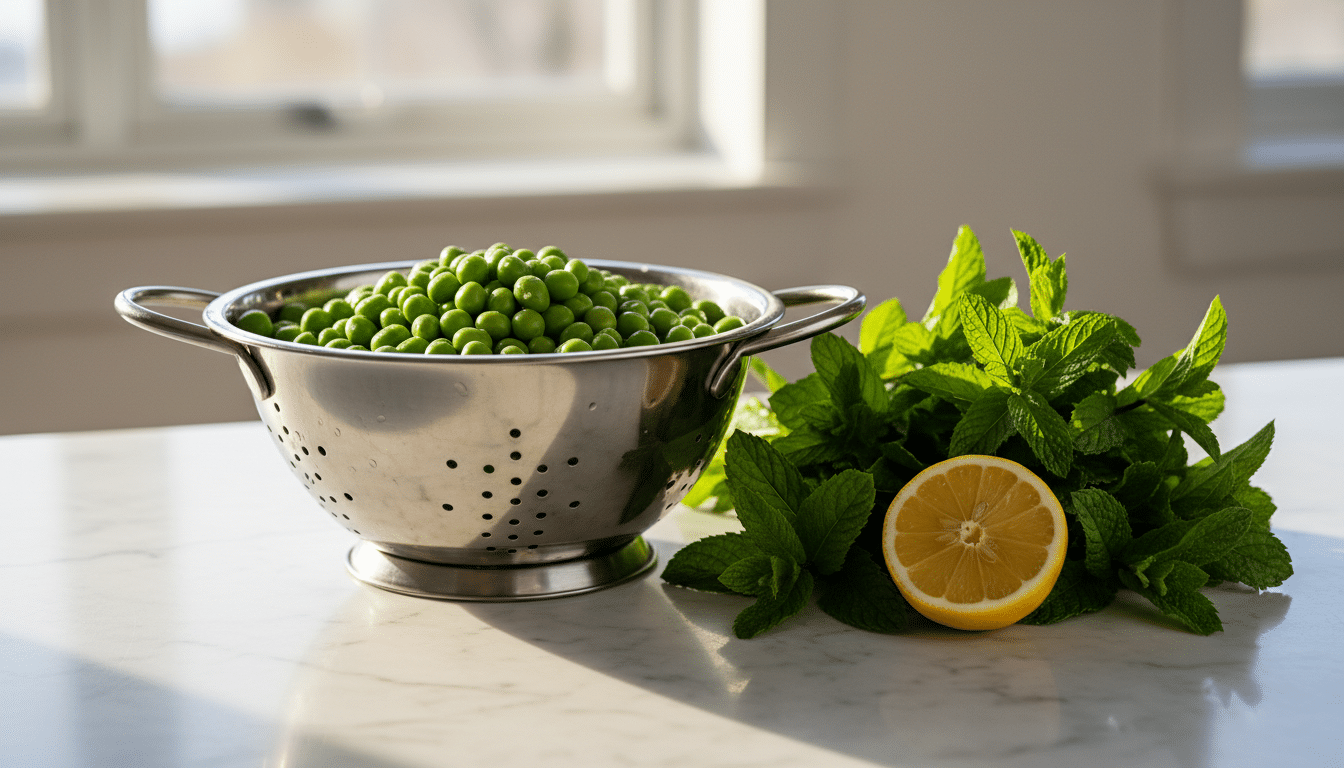 Petits pois frais menthe et citron sur un plan de travail