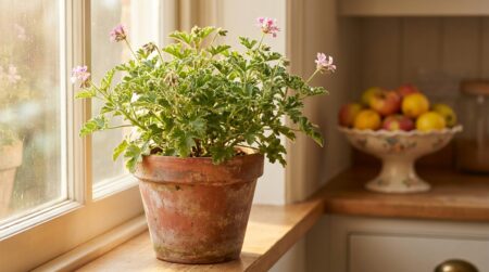 Géranium odorant en pot de terre cuite sur rebord de fenêtre ensoleillé