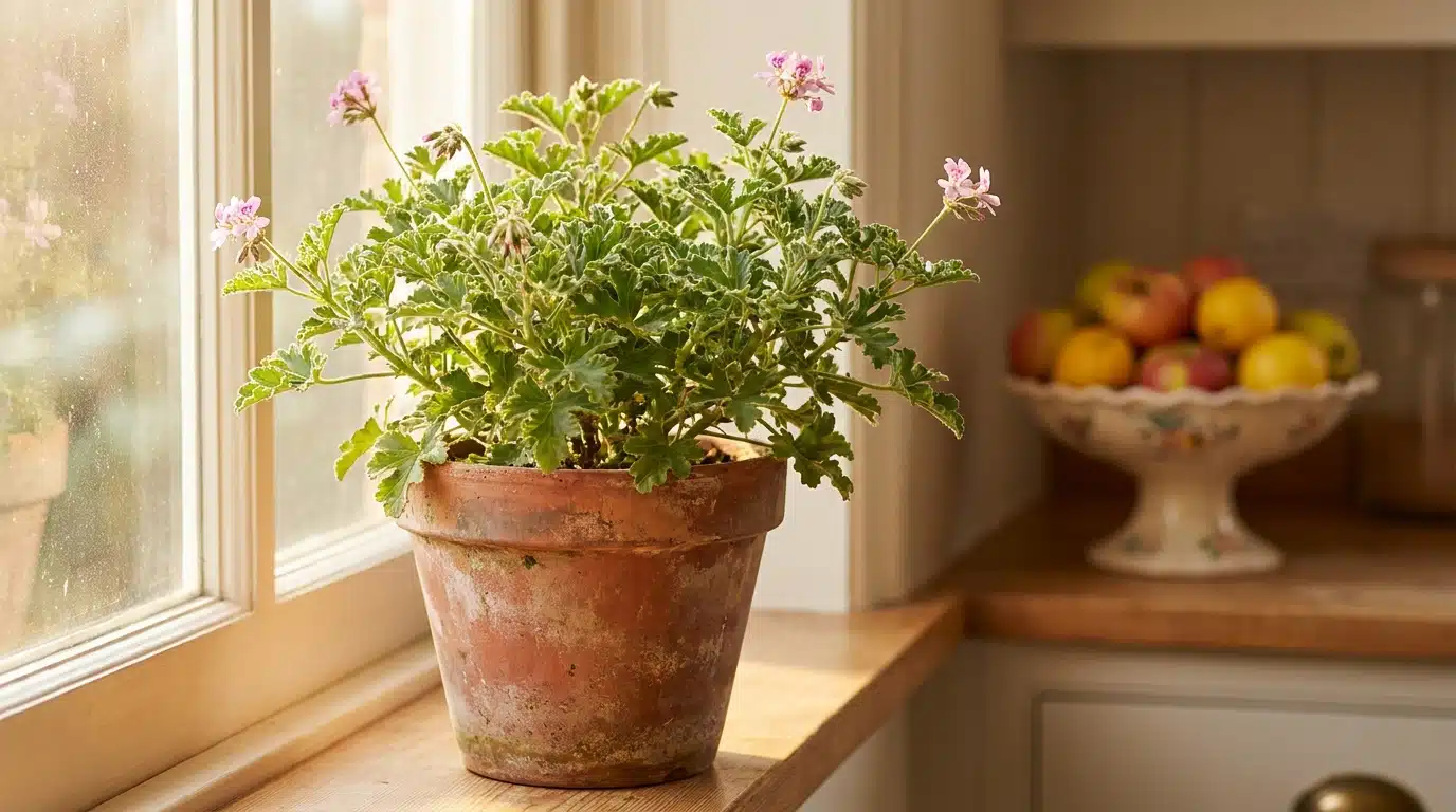 Géranium odorant en pot de terre cuite sur rebord de fenêtre ensoleillé
