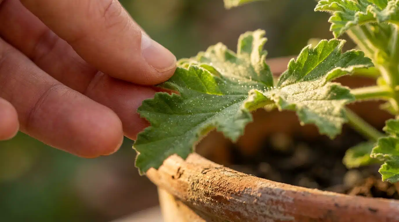 Feuilles duveteuses de géranium odorant effleurées dans la lumière dorée