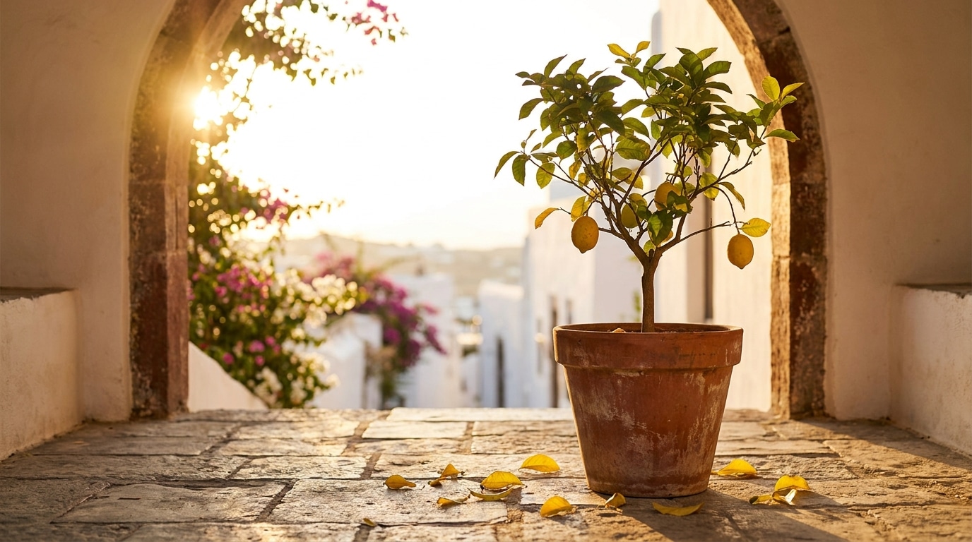 Citronnier en pot sur terrasse avec feuilles jaunes tombées