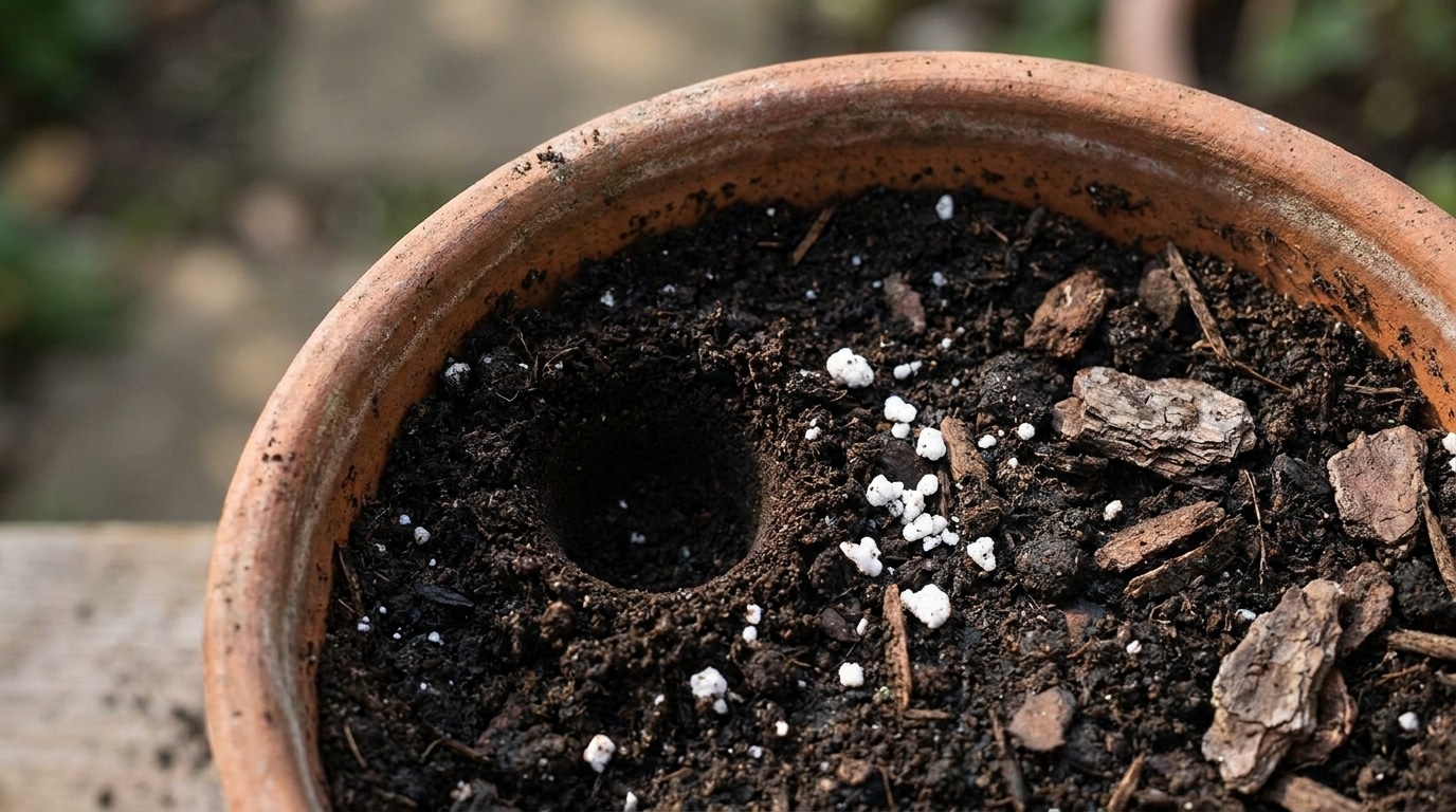 Trou de 5 cm dans le substrat humide d'un pot en terre cuite