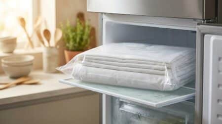Draps pliés dans un sac plastique posés dans un congélateur ouvert
