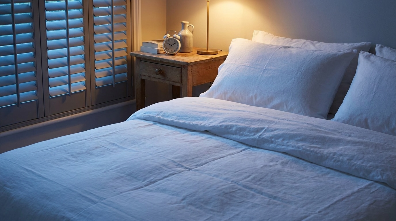 Lit frais avec draps en lin blanc dans une chambre d'été