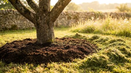 Paillage au compost au pied d'un fruitier en été