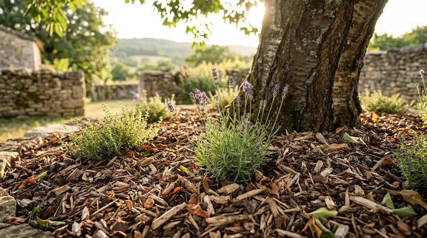Lavande et thym plantés au pied d'un cerisier paillé