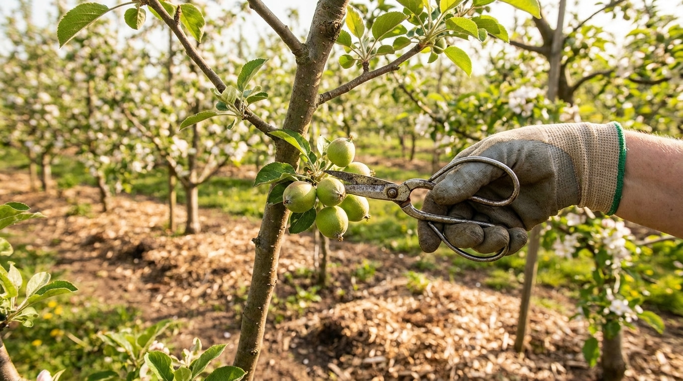 Éclaircissage de petites pommes vertes sur une branche au sécateur