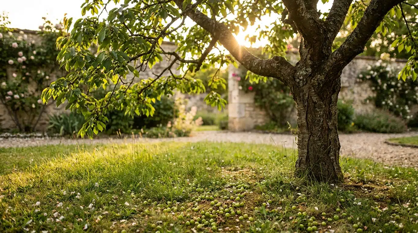 Cerises vertes tombées au sol sous un cerisier au jardin