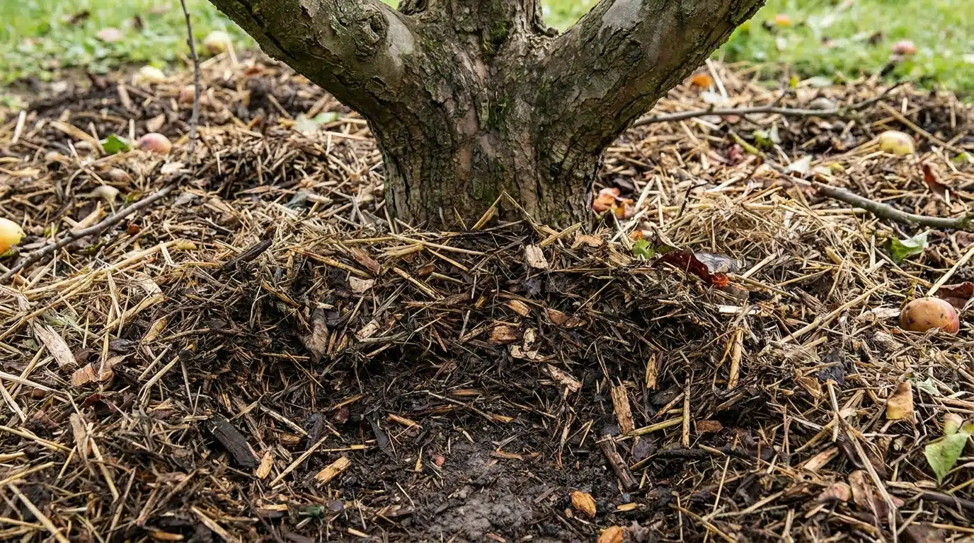 Couche épaisse de paillage organique au pied d'un arbre fruitier