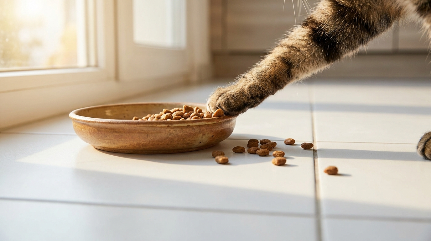 Patte de chat poussant des croquettes hors de sa gamelle