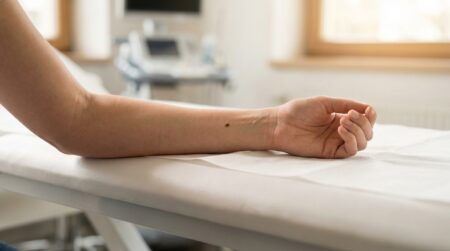 Grain de beauté sombre sur un avant-bras posé sur une table médicale