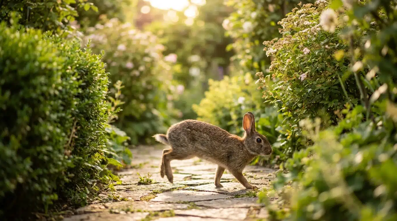 Lapin sauvage en plein sprint sur une allée de jardin