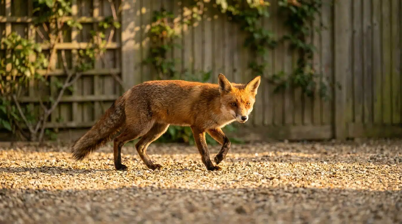 Renard roux figé sur un chemin de gravier au matin
