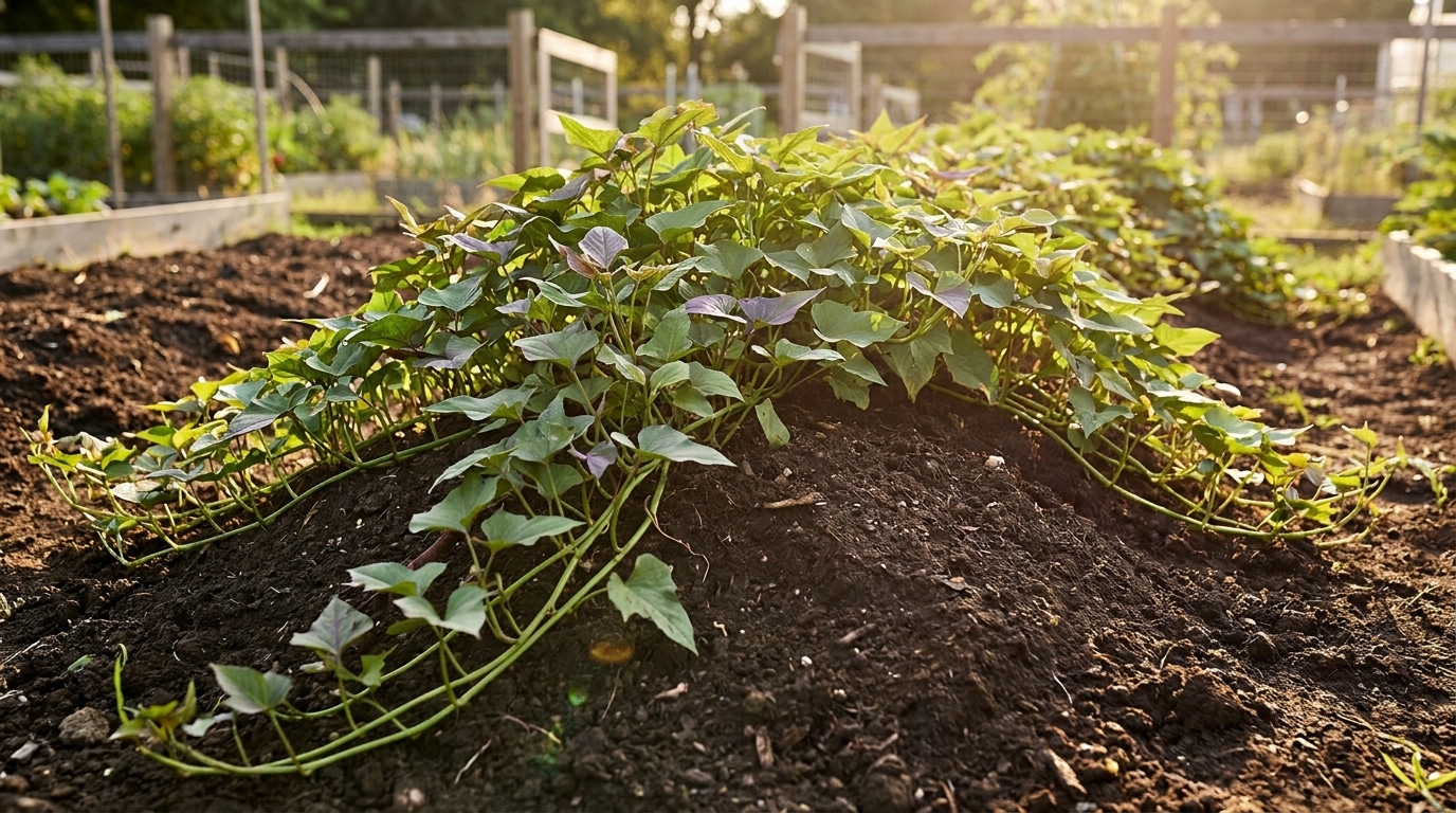 Plant de patate douce sur butte de terre au potager ensoleillé