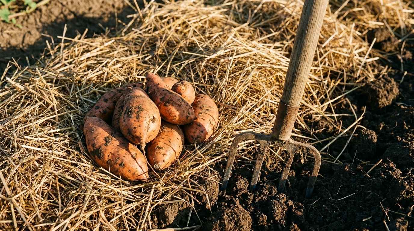 Patates douces fraîchement récoltées posées sur du paillis