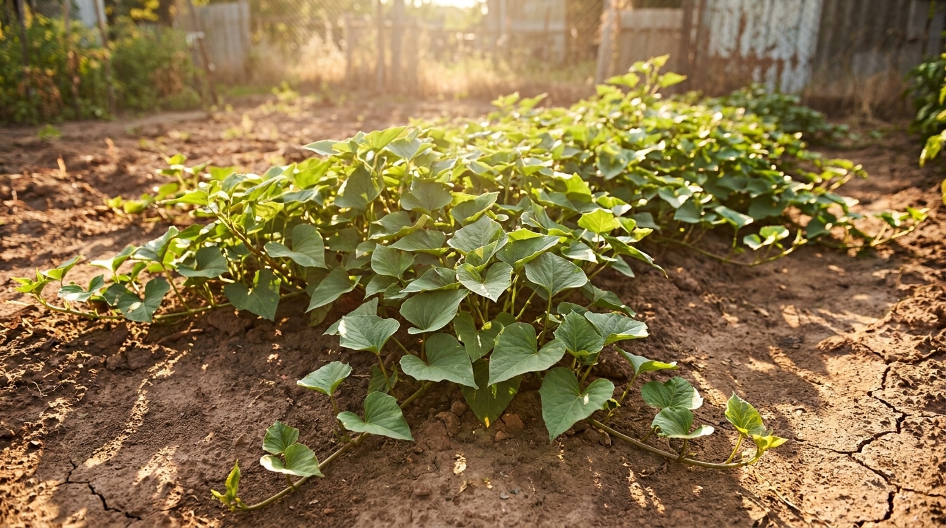 Plant de patate douce couvrant un sol de potager ensoleillé