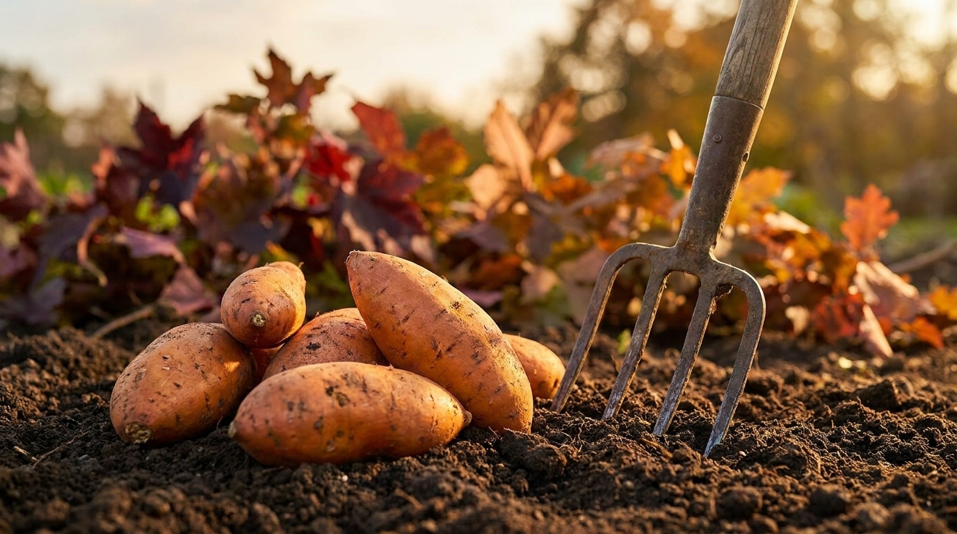 Patates douces fraîchement récoltées posées sur la terre du jardin