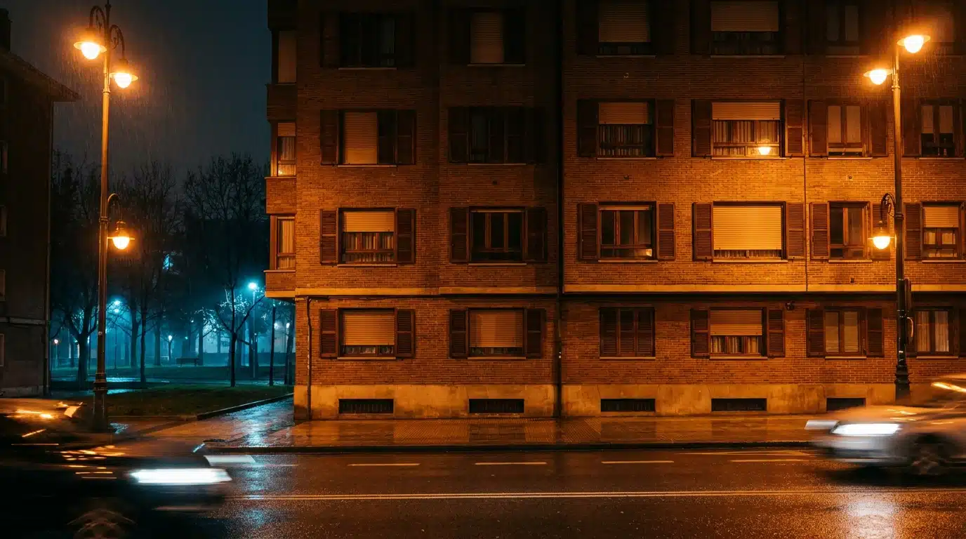Immeuble résidentiel aux volets fermés de nuit en ville